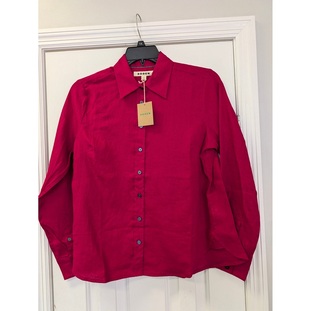 Boden Womens 100% Linen Button Down Shirt Red Long Sleeve 10R T1736 Preppy